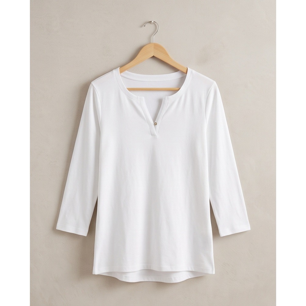 Anne Klein Sport Womens White Long Sleeve Split Neck Button Top Large NWT